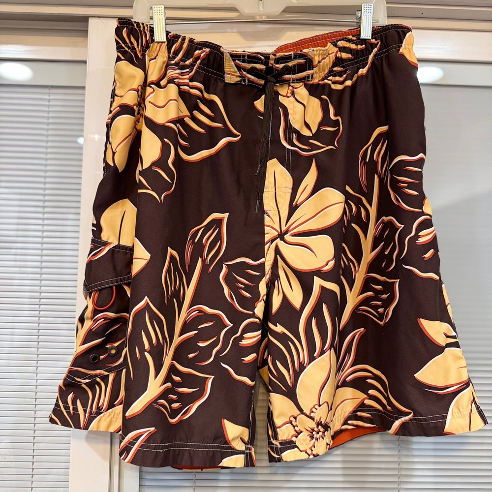 NWOT Dockers Mens‎ XXL Swim Trunks Brown Tan Tropical Cargo Pocket Board Shorts